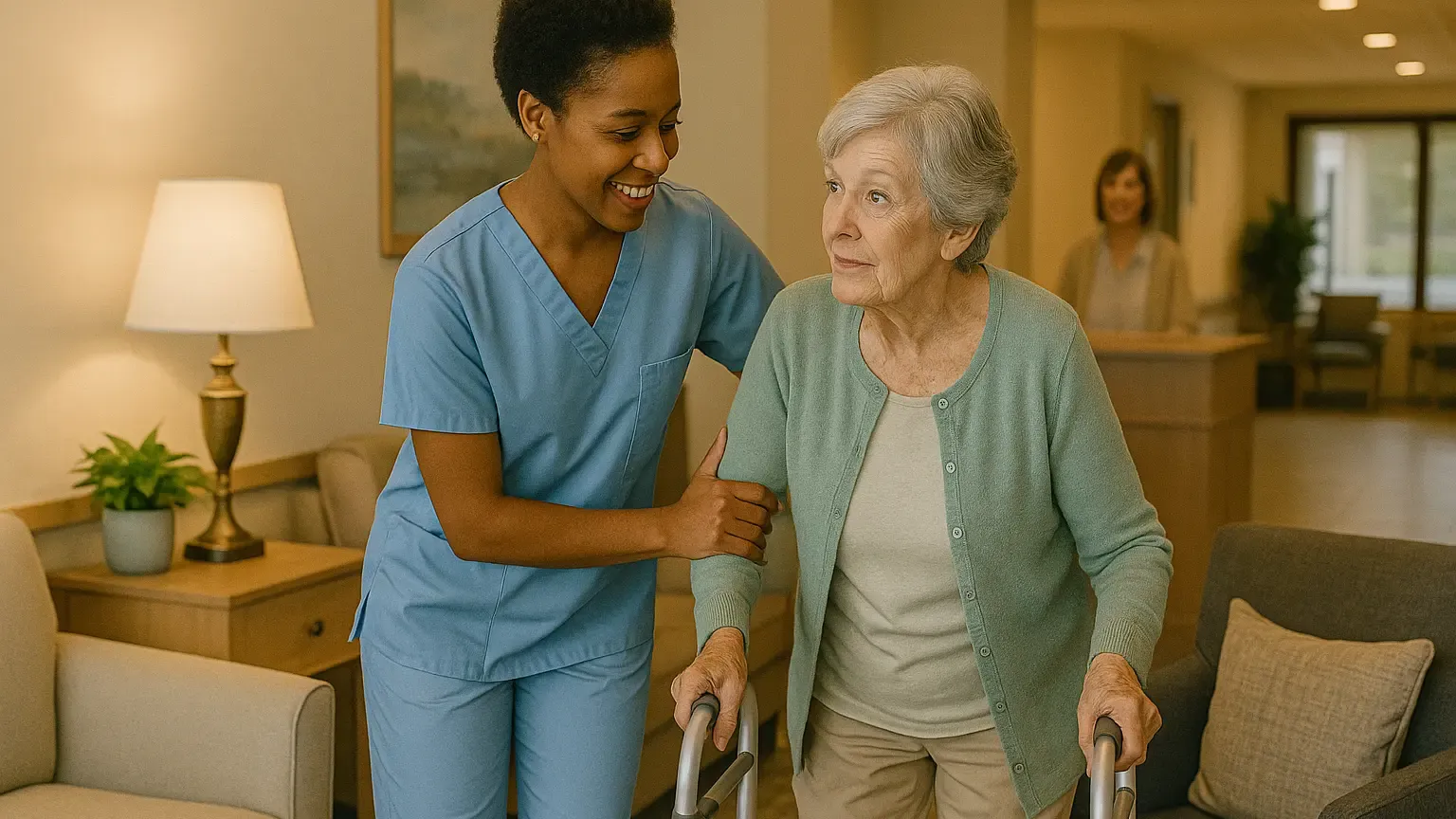 A caregiver reviewing medication records with a resident in a warm residential home.