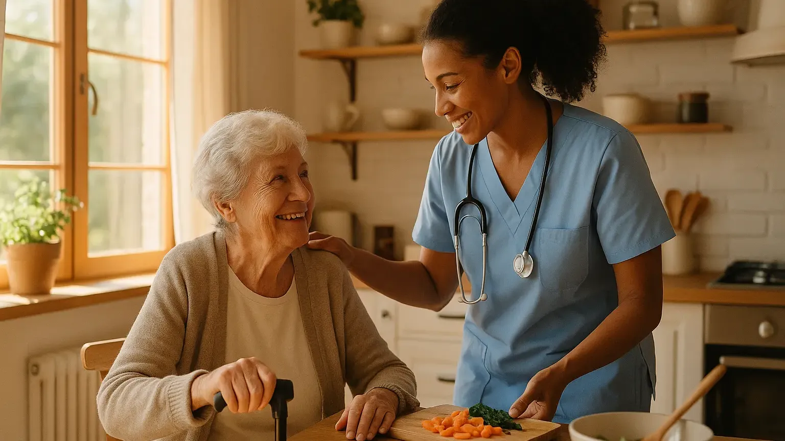 A home care aide assisting a client with daily activities in a sunlit living room.